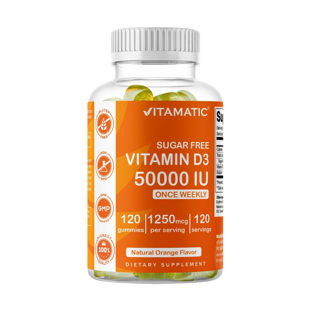 Vitamatisk sukkerfri vitamin D3 50. 000 IE Ugentligt tillæg - 120 Pectin baserede gummier - Vitamin D kapsler til knogler, tænder og immunforsvar (50000 IE)