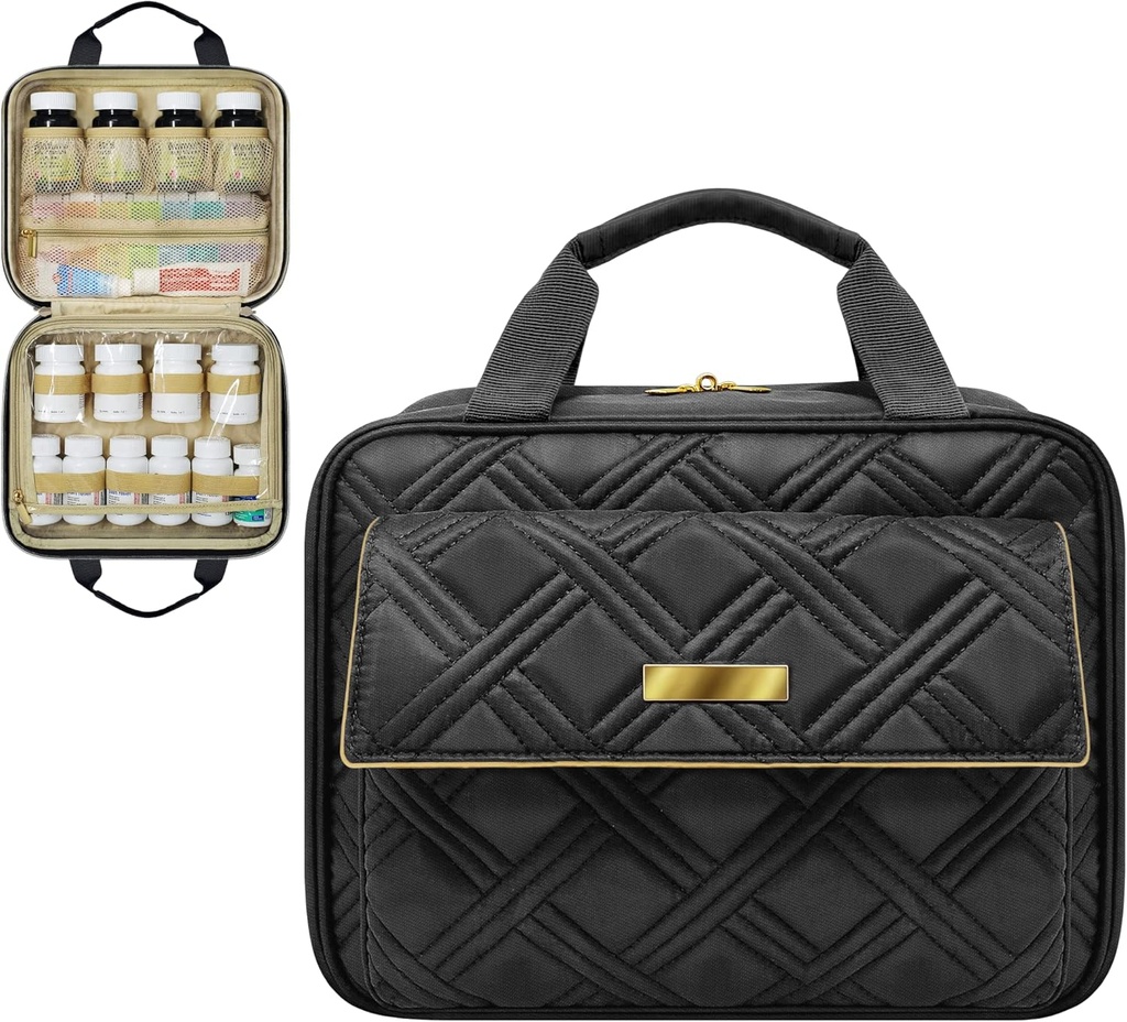 Large Quilted Medicine Bag, Carrier, Case, Travel Organizer for Medications, Pill Bottles, Toiletries and Medical Supplies with Fixed Pockets