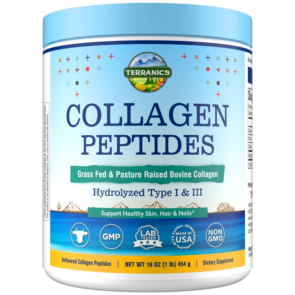Terranics Hydrolyzed Collagen Peptider Powder, Grass Fed & Pasture Raised Bovine, Type I & III Collagen for Kvinder, Ingen Sukker, Ingen Hormoner, Keto, Skønhed Support, Easy Mixing, Unflavored, 16oz