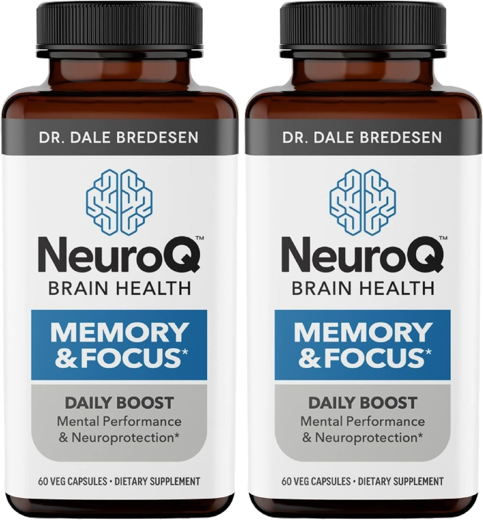 NeuroQ Memory & Focus - øger kognitiv ydeevne & hjerne funktion - Neurobeskyttende formel af Dr. Dale Bredesen - Gotu Kola Ginkgo Phosphatidylserin & Propolis - 60 kapsler (pakke med 2)