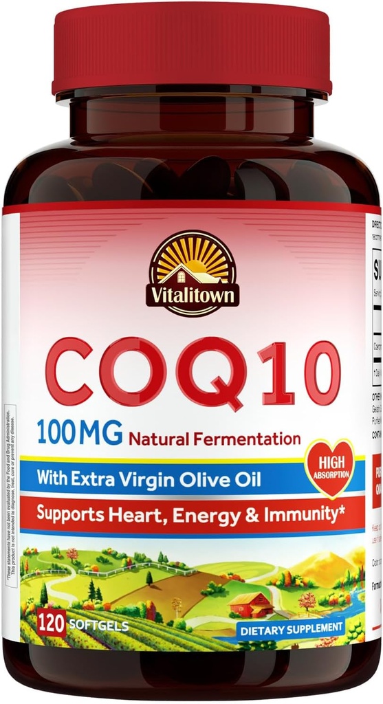 Vitalitown CoQ10 100mg, med ekstra Virgin Olivenolie, Maksimal Absorption, Coenzym Q10 Supplement, No Gluten, Non- GMO, for Antioxidant & Heart Health Support, 120 Softgel