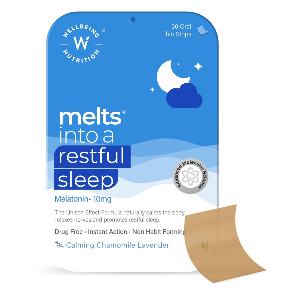 Wellbeing Nutrition Melts Rastful Sleep Aid (124; Plant- baseret Melatonin 10mg for bedre søvn med kamille, Tagara, L- Theanine) 124; Non- Addictive Sleep- Aid, Safe, Natural, 30 Oral Strips