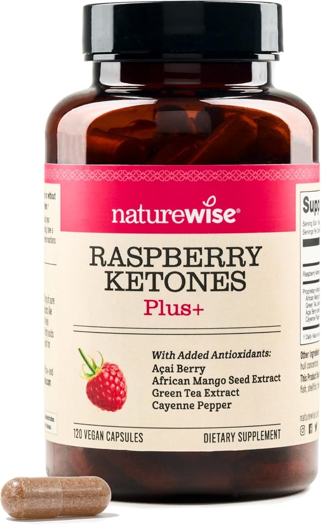 NatureWise Hindbær Ketoner Plus - w / Green Tea Extract, Cayenne Pepper, & Acai Berry - Understøtter Antioxidant Sundhed, Energiniveauer, Vægt Mål - Vegan & Gluten- Free - 120 Kapsler [120- Day Supply]