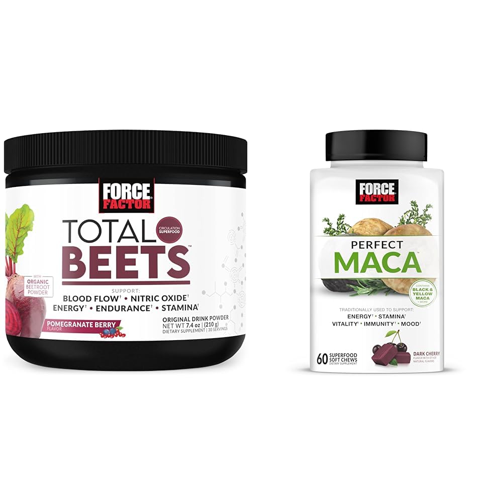 Kraftfaktor Total Beets nitrogenoxid pulver og perfekt Maca Root Chews Energi, Mood og Balance Supplement Bundle