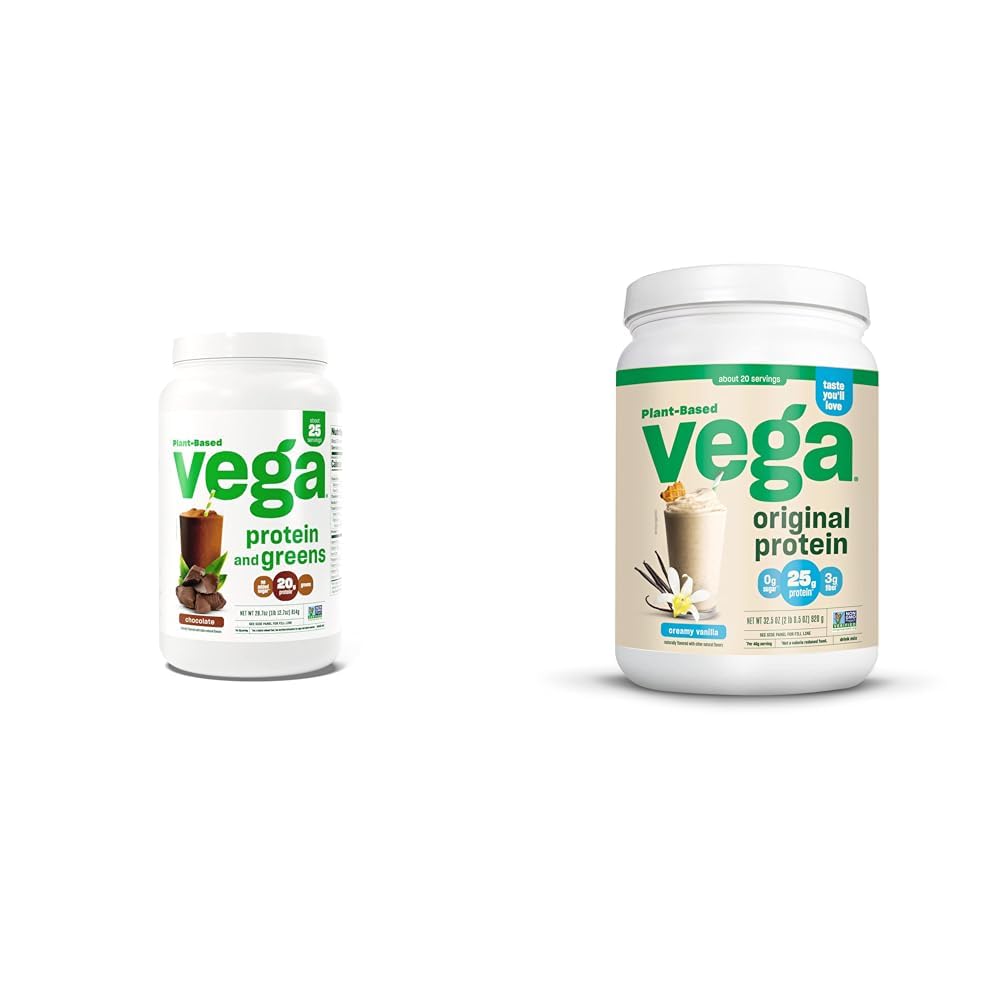 Vega Protein and Greens Protein Powder, Chocolate & Original Protein Powder, Creamy Vanilla Plant Protein Drikke Mix for Water, Milk and Smoothies, 32.5 oz