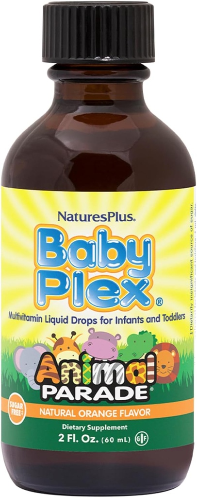 NaturesPlus Animal Parade Baby Plex, Natural Orange Flavor - 2 fl oz, Pack of 2 - Flydende Multivitamin til spædbørn og småbørn - Sukker fri, Gluten fri - 120 Total Servering