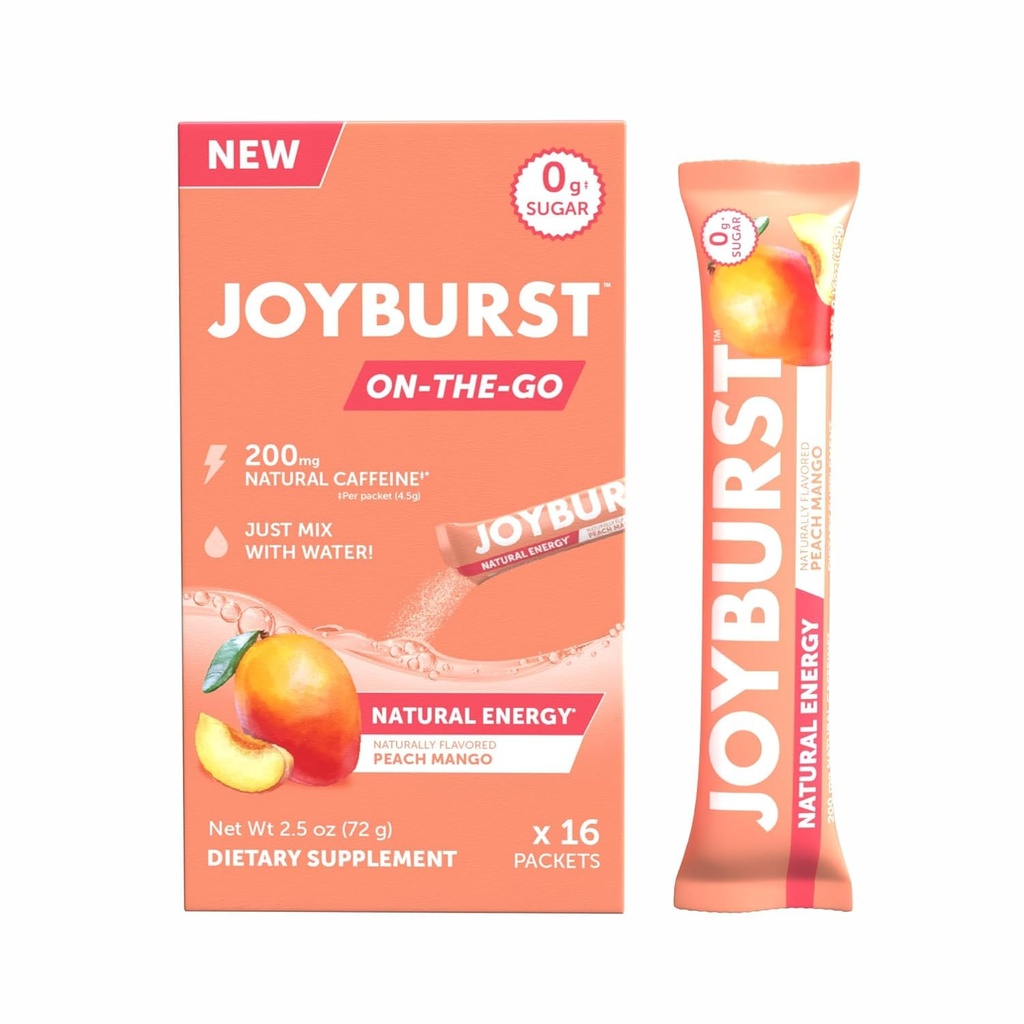 JOYBURST Energy Drink Mix, Natural Coffein (200mg) for Sustained, Jitter Free Energy, On- The- Go Natural Energy Drink Powder, Sugar Free - 16 x 4g Energy Sticks (Peach Mango)