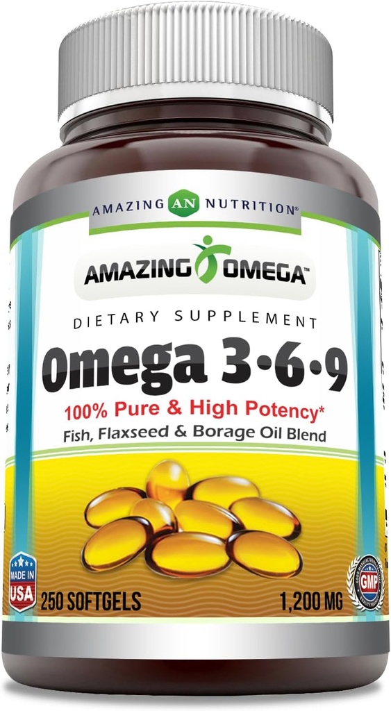 Amazing Omega 3.6.9 Supplement | 1200 Mg Per Serving | 250 Softgels | Unflavored | Non-GMO | Gluten-Free | Made in USA