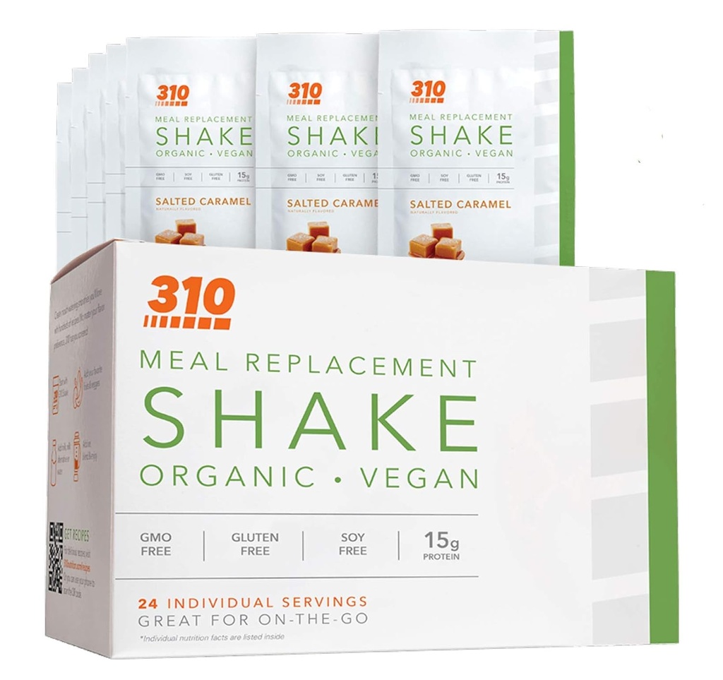 24 CT Organic Shake Box - Vegan Plant Protein Powder and Meal Erstatning Shake - By 310 Nutrition - Gluten, Dairy and Soy Free - 0g sukkerrør 124; Keto og Paleo Friendly (Saltet Caramel)