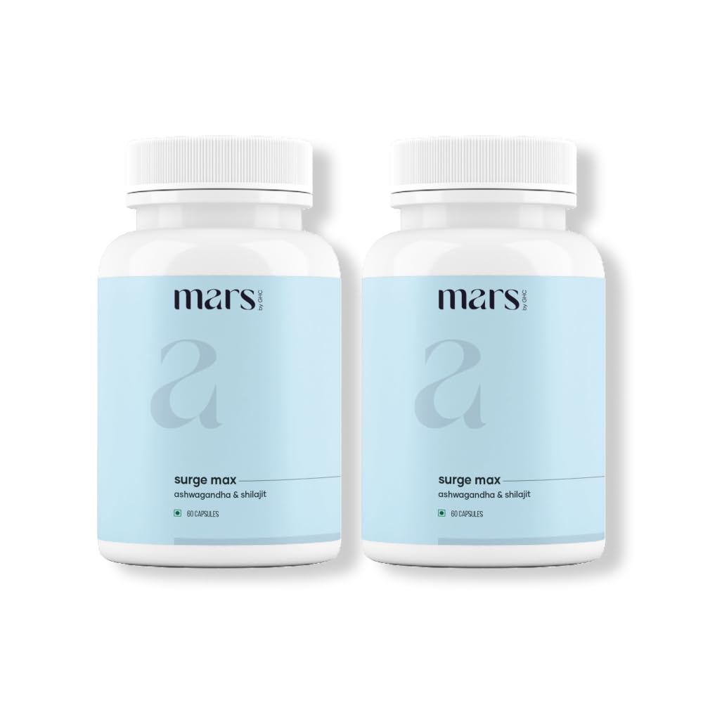 Mars Surgemax Natural Capsules med Shilajit & Safed Musli Decl. 124; Understøtter energi, Styrke & Immunity Decl. 124; for Aktiv Lifestyle Dec124; 120 Capsules Decreted 124; Pakning med 2
