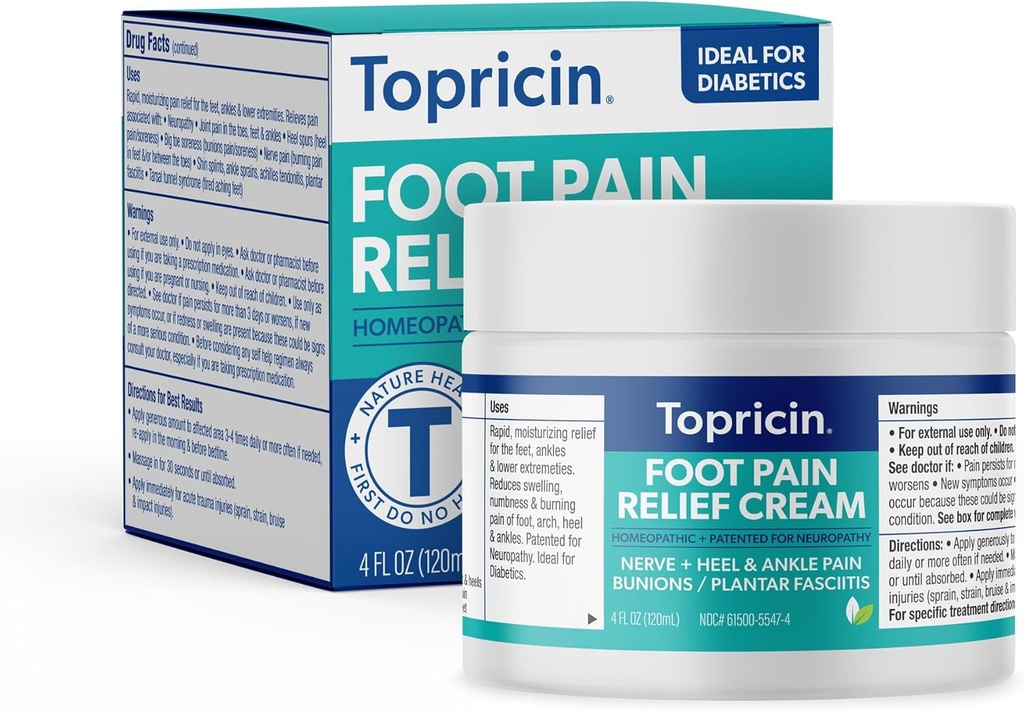 Topricin Foot Pain Relief Cream - Natural and Odor- Free Fugtgivende Cream, 4 Unse - Jar