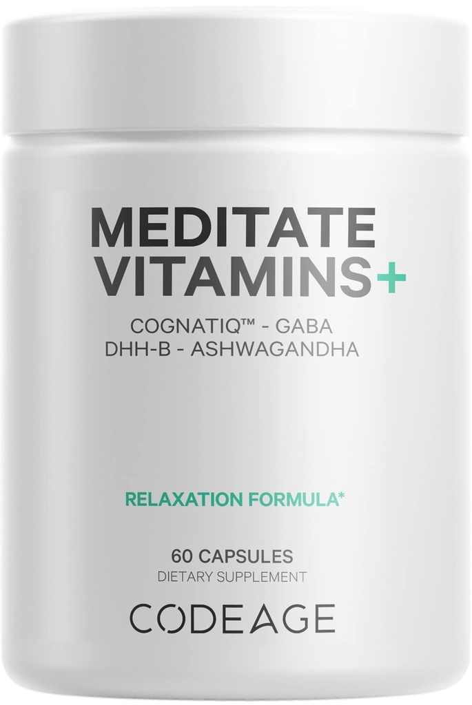 Kodeage Meditat Vitaminer + tillæg - CognatiQ, DH- B, GABA, Ashwagandha, Organic Mushrooms, Blåbær - BDNF Brain Pills and Neuroprotein - Vegan, Non- GMO, Gluten- Free - 60 Kapsler