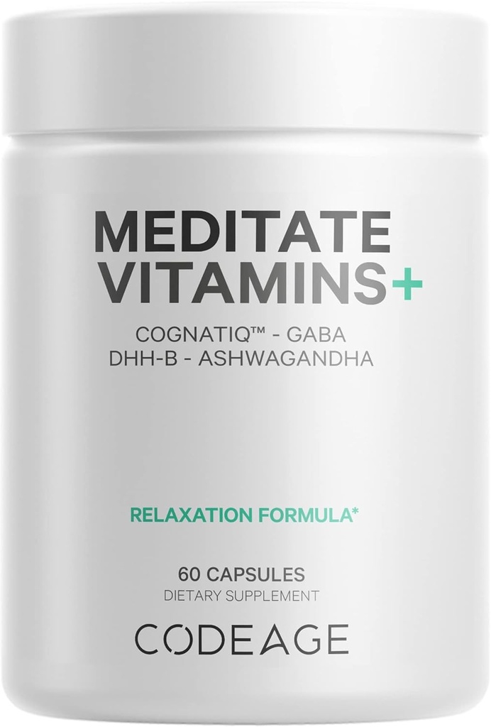 Kodeage Meditat Vitaminer + tillæg - CognatiQ, DH- B, GABA, Ashwagandha, Organic Mushrooms, Blåbær - BDNF Brain Pills and Neuroprotein - Vegan, Non- GMO, Gluten- Free - 60 Kapsler