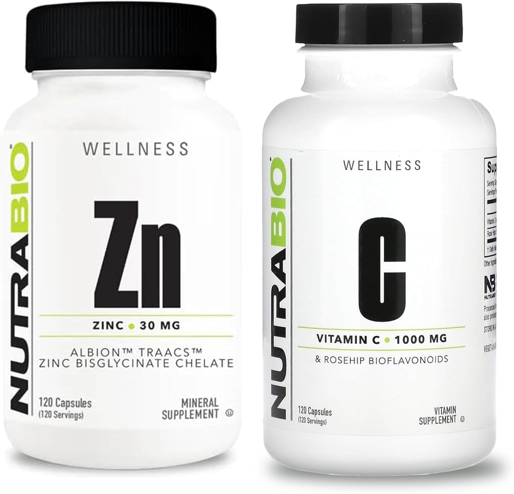 Nutrabio Zinkchelat og C-vitamin med Rose HIPS Supplement Bundle - Vitamin Supplement Bundle kan hjælpe med antioxidant og immunforsvar, og samlet sundhed og wellness
