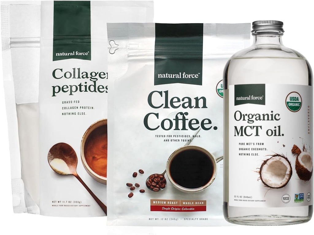 Natural Force Organic Clean Coffee + Collagen Peptider + Organic MCT Oil Bundle - Toxin Free Coffee, Grass Fed Collagen, & MCT - Non-GMO, Keto, & Paleo - 12 Oz, 11.7 Oz, 32 Oz