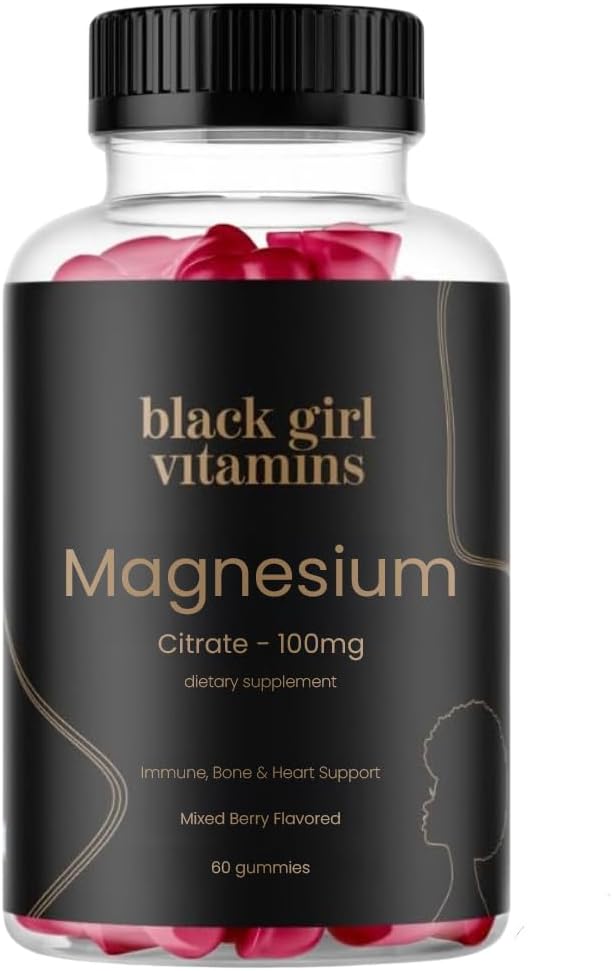 Black Girl Vitaminer - Magnesium Gummies, til søvn, immunitet, og benstøtte. Magnesiumcitrat Supplement med (100 mg) per servering, Glutenfri (blandet berry). 60ct