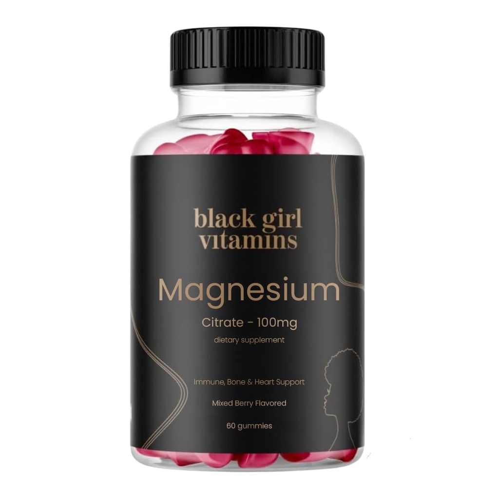 Black Girl Vitaminer - Magnesium Gummies, til søvn, immunitet, og benstøtte. Magnesiumcitrat Supplement med (100 mg) per servering, Glutenfri (blandet berry). 60ct
