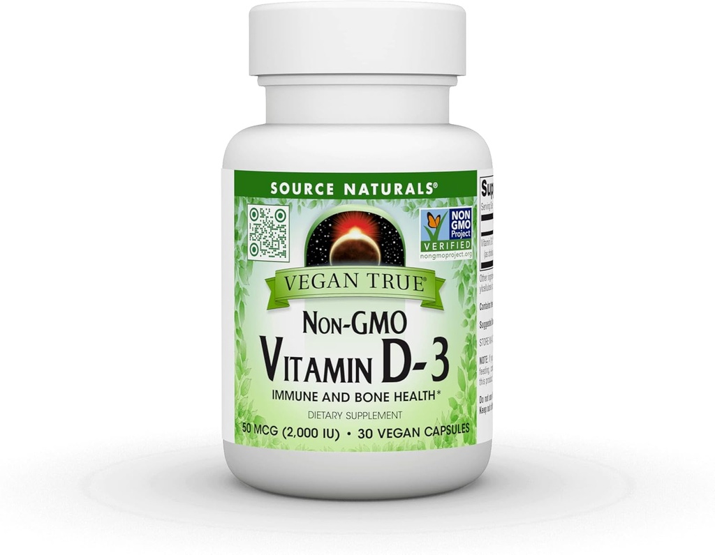 Source Naturals Vegan True, Non- GMO vitamin D-3, Kosttilskud til immun- og knoglesygdomme *, 2000 IE - 30 kapsler