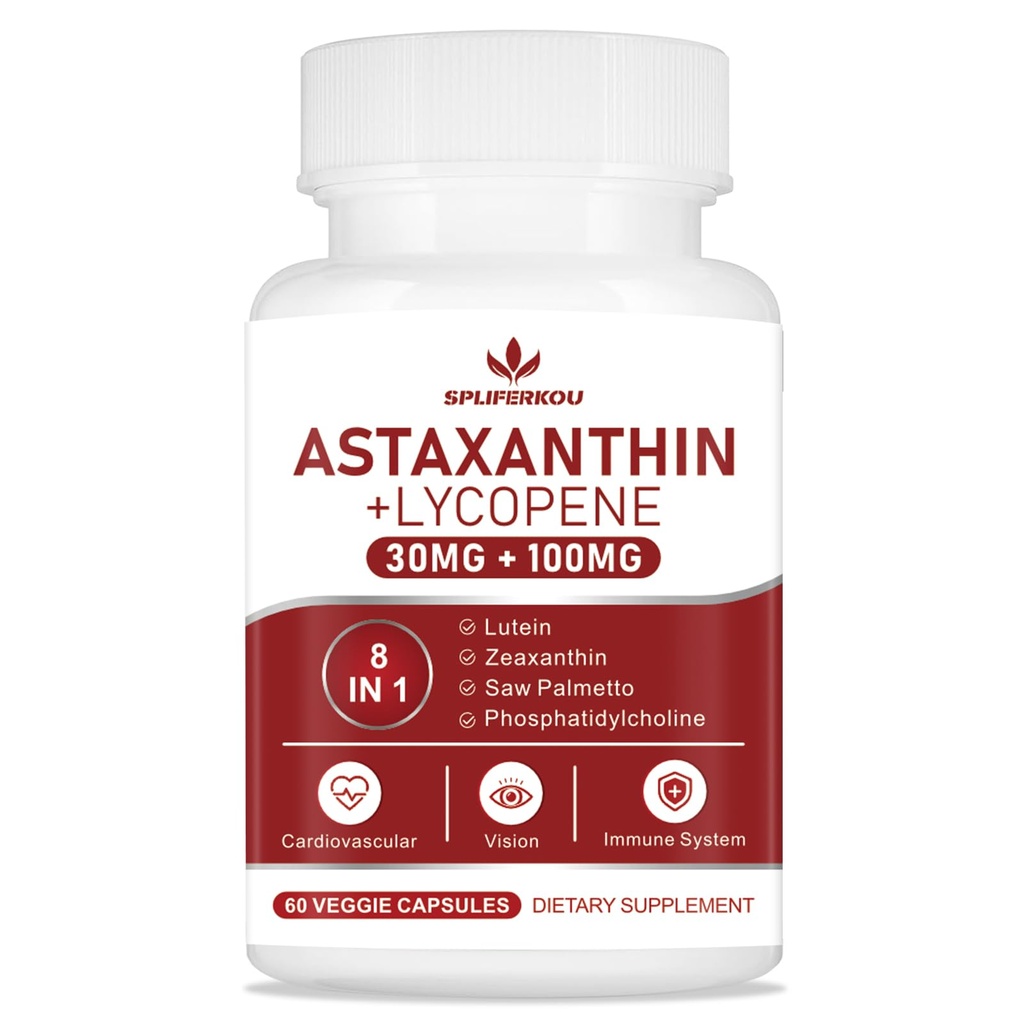 Astaxanthin og Lycopene 70mg, Astaxanthin supplement med Phosphatidylcholin, Lutein og Zeaxanthin, stærke antioxidanter supplement støtte til hud, øje og fælles sundhed (60 kapsler)