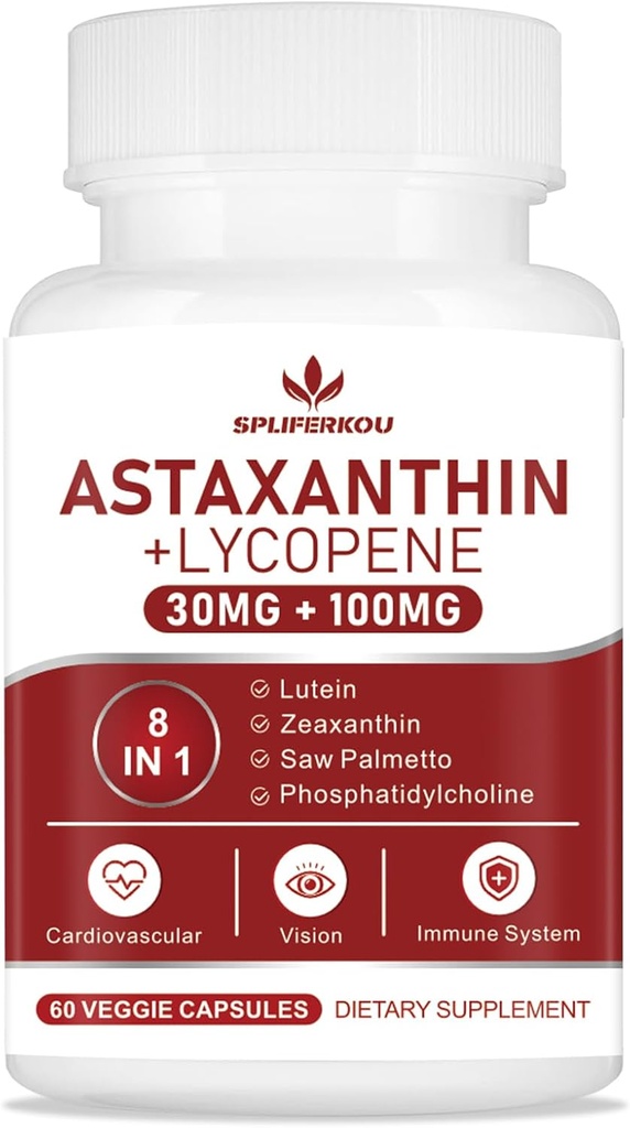 Astaxanthin og Lycopene 70mg, Astaxanthin supplement med Phosphatidylcholin, Lutein og Zeaxanthin, stærke antioxidanter supplement støtte til hud, øje og fælles sundhed (60 kapsler)