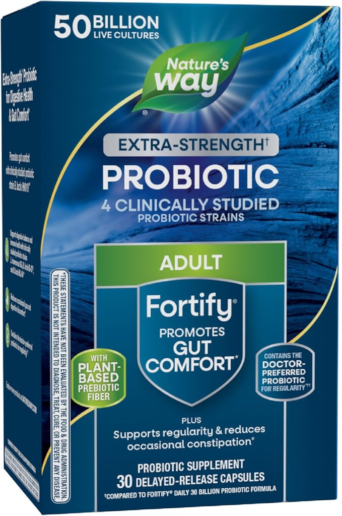 Nature 's Way Extra Strength (1) Forstærkning Probiotic, Probiotika til fordøjelsessygdomme, Prebiotika, 50 milliarder levende kulturer, fordøjelsessygdomme og immunforsvar støtte *, 30 kapsler