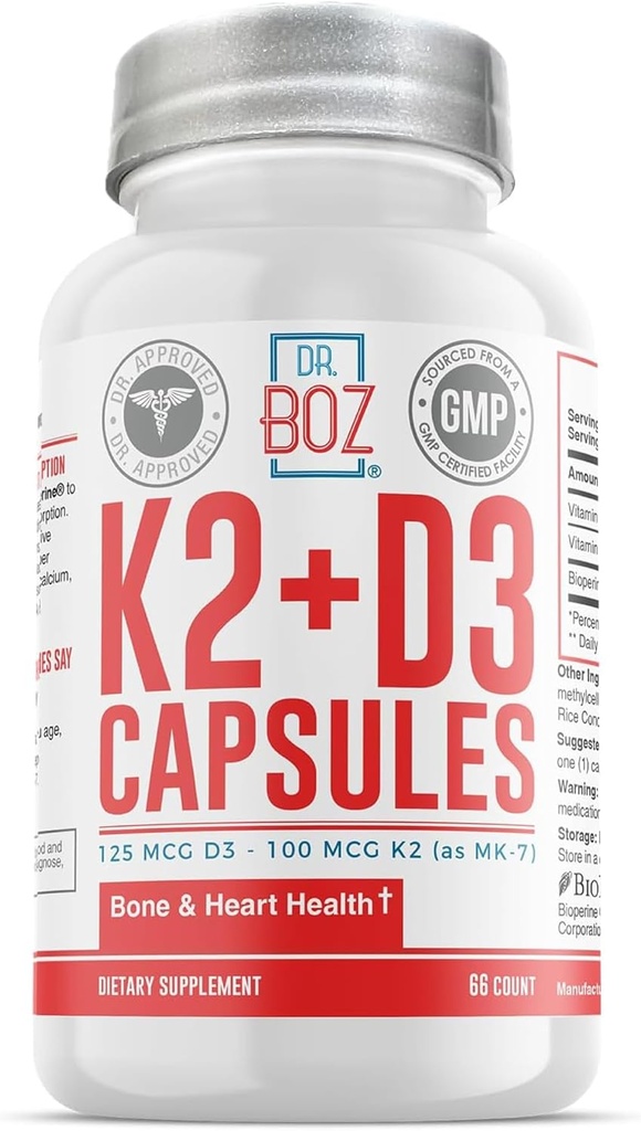 Dr. Boz - K2+D3 Capsules, 66 Servings - Vitamin D3 K2 Supplement with BioPerine - Bone & Heart Health - Enhanced Absorption - Quality Tested - Made in The USA - 5000iu (D3) - 400iu (K2) - Self Care