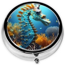 Pill Box, Lille Pill sag for purse & Pocket, Cute Medicine Organizer rejse Pillbox, Portable Pill Container Holder til at holde vitaminer, Medicin, Fish Oil og Kosttilskud, Blå Seahorse
