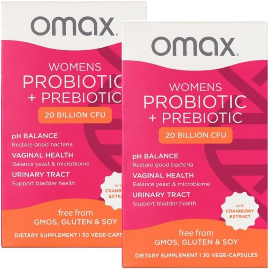 2 Pack Omax Prebiotics & Probiotics Complex for Women, pH Balance, Vaginal Health, Urinary Tract, Yeast, UTI / BV Prevention, Bloating pH 20 Billion CFU Shue 124; Vegan, Organic, Gluten Free, 60 Vege- Kapsler