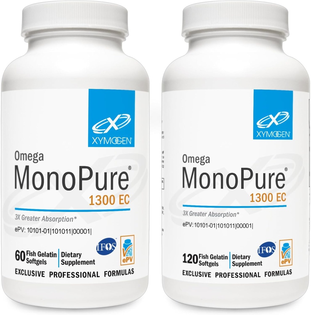 XYMOGEN Omega Monopure 1300EC Bundle - 60 Softgels + 120 Softgels - Fish Oil med 3X Greater Absorption - DHA EPA Omega 3 supplement til hjertesundhed + kognitiv støtte