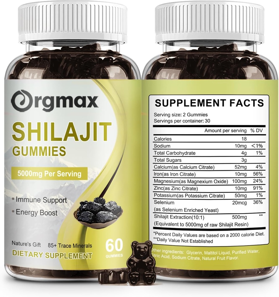 Shilajit Pure Himalayan Organic Shilajit Gummies, 5000MG Shilajit supplement til mænd og kvinder med 85 + trace mineraler & Fulvic syre, støtte til fokus, energi & immunforsvar, ikke-GMO 'er