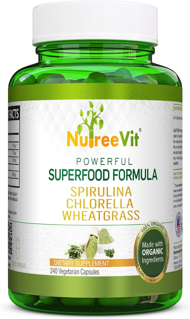 NutreeVit Pure 100% Økologisk Spirulina + Chlorella + Wheatgrass - Kraftig Superfood - Veggie Kapsler
