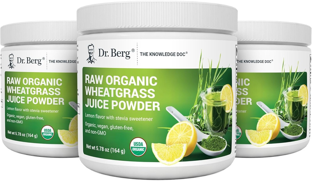 Dr. Berg 's Raw Wheatgrass Juice Powder (60 Servere) - USDA Certified Organic Wheatgrass Powder w / Chlorophyll, Trace Minerals & Natural Enzymes - Ultra- Concentrated - Lemon Flavor w / Stevia 3 Pack