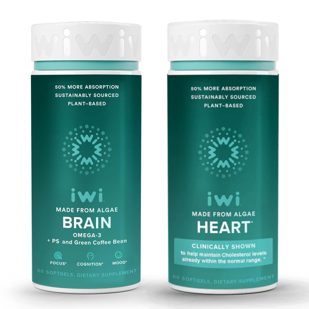 Iwi Life Brain & Heart Omega-3 Bundle, 30 Servering, Vegan Plant- baseret Alger Omega 3, Krill & Fish Oil Alternativ, Ingen Fishy Aftersmage