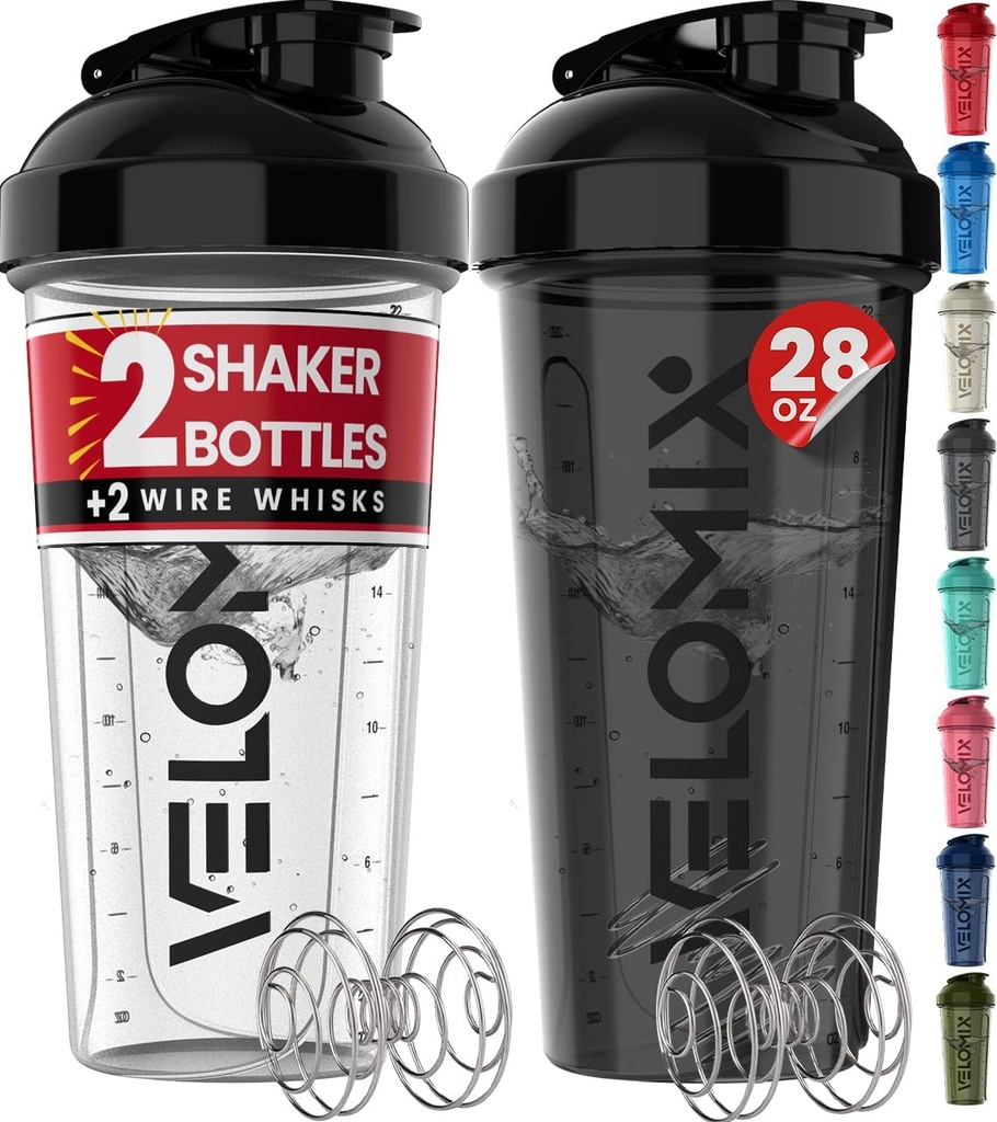VELOMIX -2 Pack- 28 oz Protein Shaker Flasker til Protein Mixes - 2x Wire Whisk - 124; Læbe Bevis Shaker Cups til Protein Shakes - 124; Protein Shaker Flaske Pack (sort / gennemsigtig)