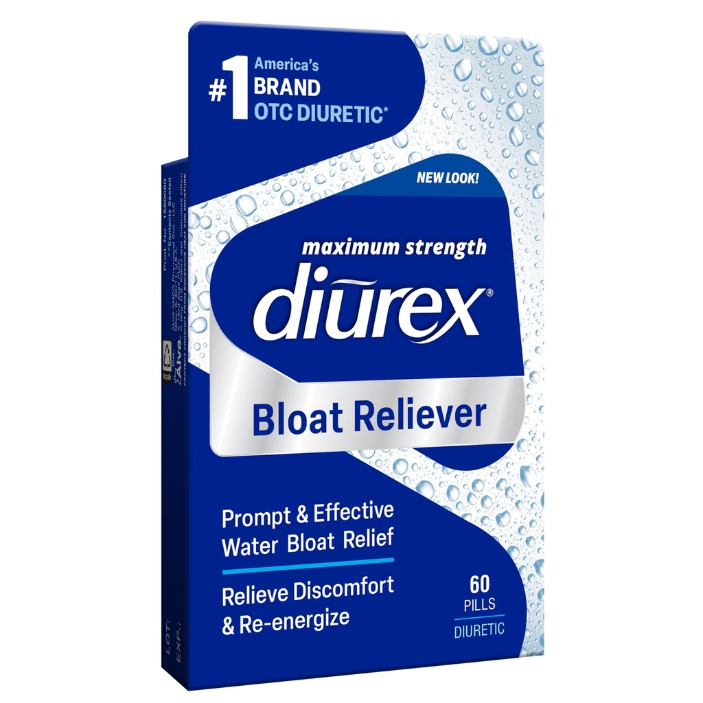 Diurex Bloat Reliever- 124; Relieve Water Bloat, Puffiness, Hævelse & Fatium- 124; Re- Energize - 124; Maksimal styrke - 124; 60 Greve