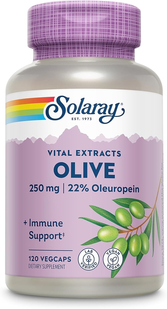 SOLARAY Olive 250mg - Olive Leaf Extract Kapsler med 22% Oleuropein, Plus Lemon Balm - Polyphenoler tillæg for wellness support - Vegan, 60- dag garanti, Lab Verified - 120 Servere, 120 VegCaps