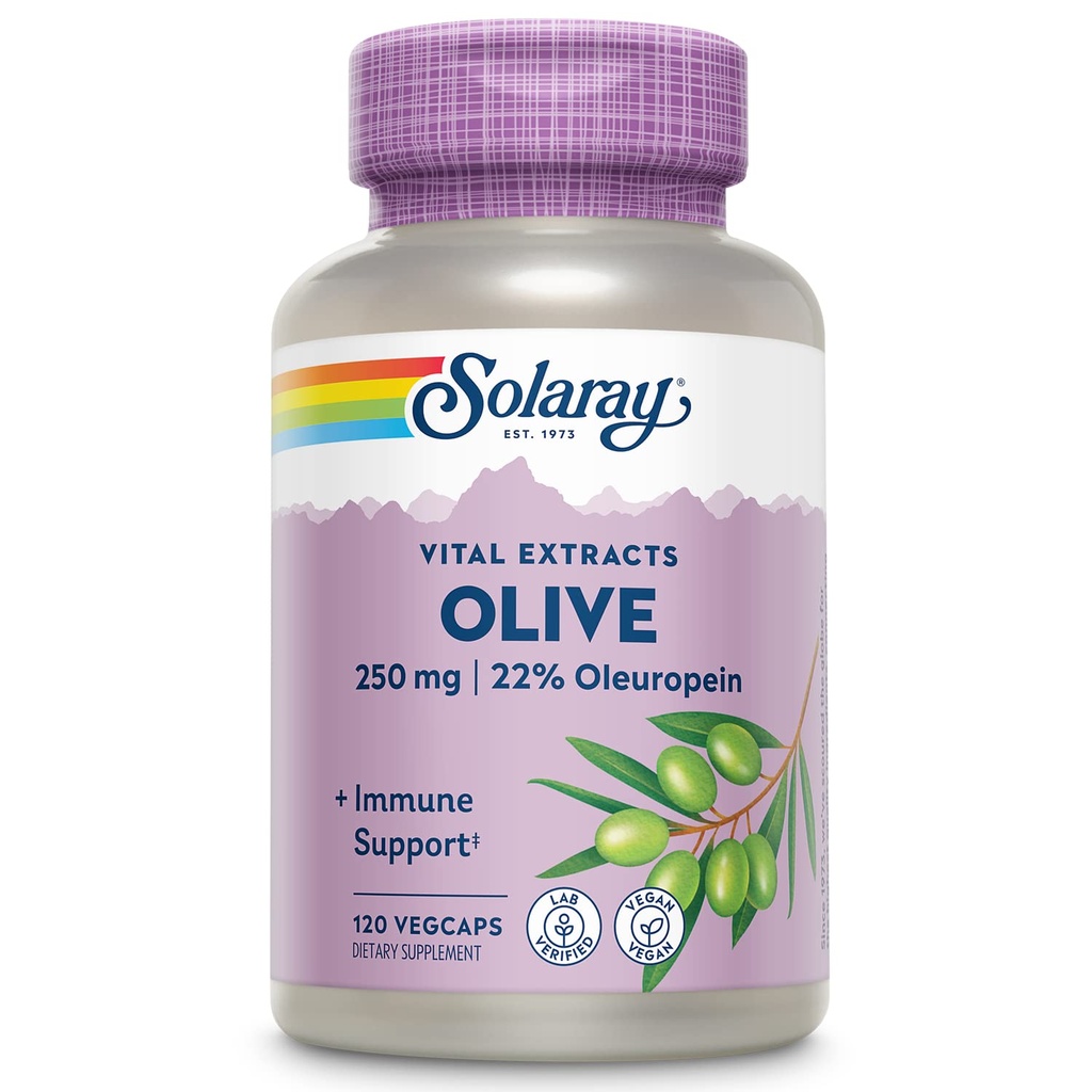 SOLARAY Olive 250mg - Olive Leaf Extract Kapsler med 22% Oleuropein, Plus Lemon Balm - Polyphenoler tillæg for wellness support - Vegan, 60- dag garanti, Lab Verified - 120 Servere, 120 VegCaps