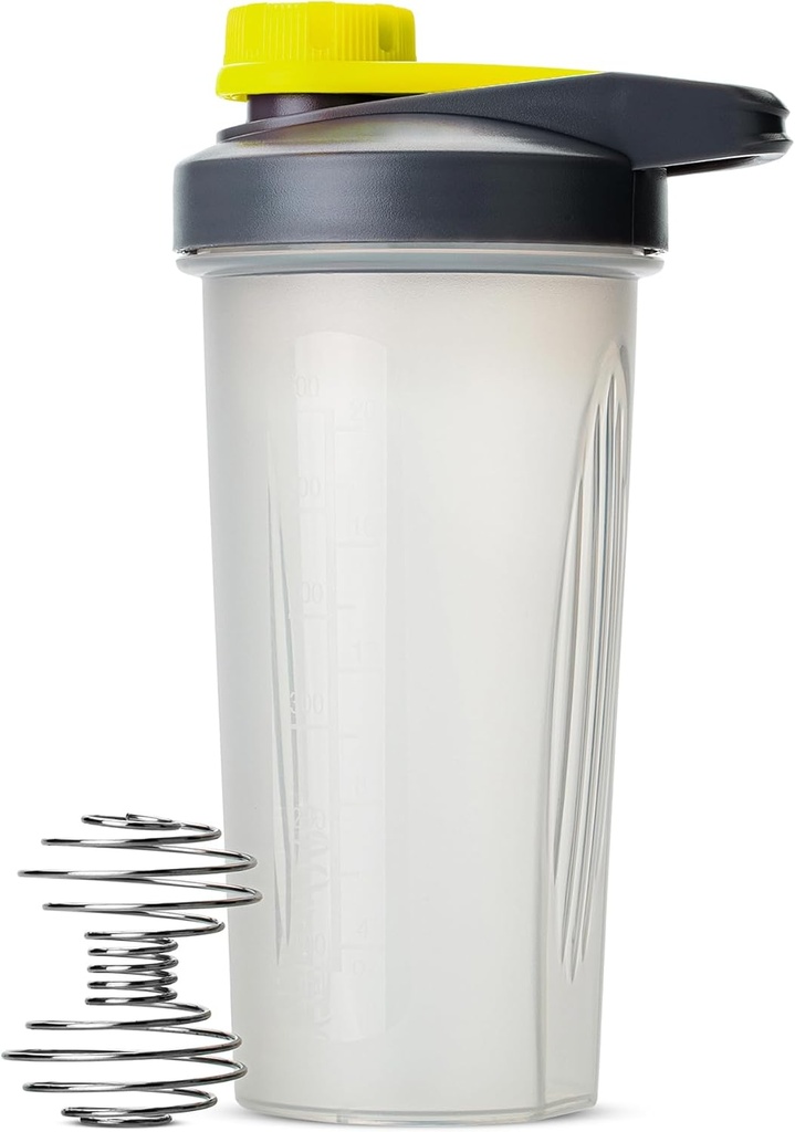 Pen- Shaker Flasker til proteinblandinger med Twist Cap, 28 oz, grå / gul, Protein Shaker Flaske med Wire Whisk Ball