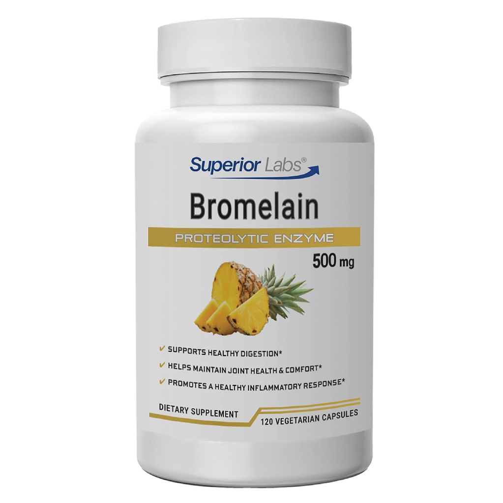 Superior Labs Bromelain 500mg - 2400 GDU / Gram Non- GMO Ansigtsenzym, Plant- baseret fordøjelsesstøtte, fremmer fælles Comfort & Tissue Sundhed - 120 Veg Caps