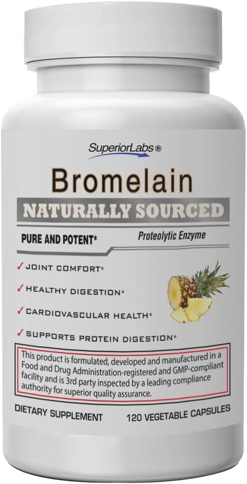 Superior Labs Bromelain 500mg - 2400 GDU / Gram Non- GMO Ansigtsenzym, Plant- baseret fordøjelsesstøtte, fremmer fælles Comfort & Tissue Sundhed - 120 Veg Caps