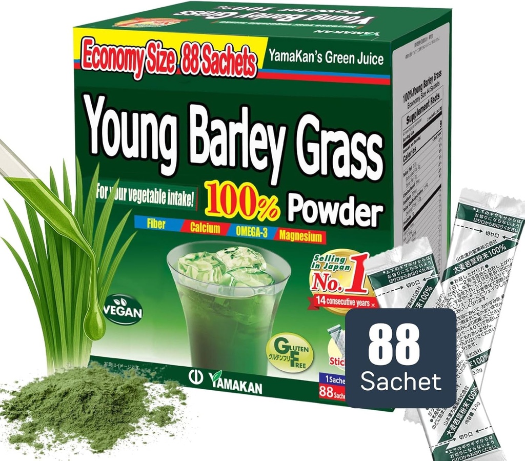 YAMACACAN Young Barley Grass Powder, Greens Superfood Powder Rich in Nutrients, Minerals, Vitamin & Plant- Based Protein for Women & Men, Barley Grass fra Japan, Ikke GMO 88 Greve