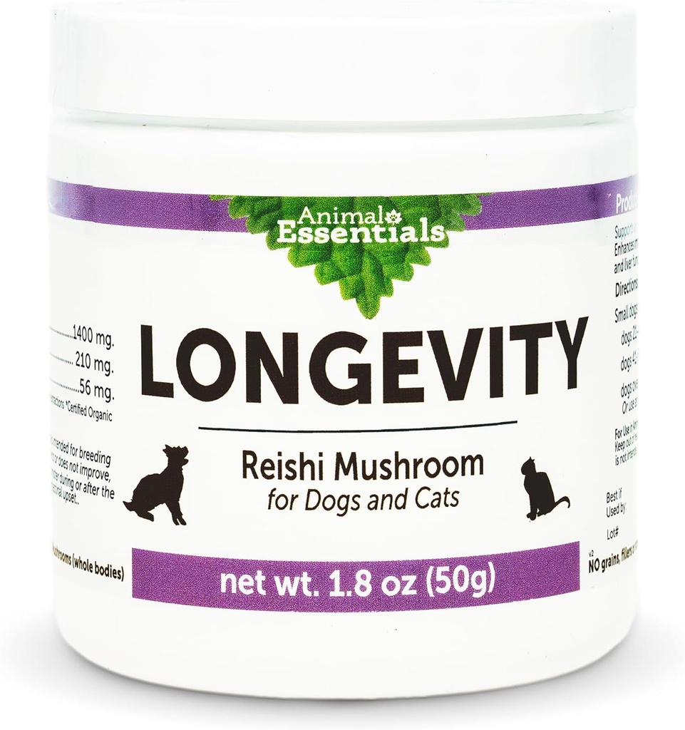 Animal Essentials LONGEVITY Reishi Mushroom Supplement for hunde & katte - Sund kardiovaskulær & leverfunktion, understøtter langsigtet sundhed, Mushroom Powder Extract, Antioxidant - 1.8 Oz (Pack of 1)