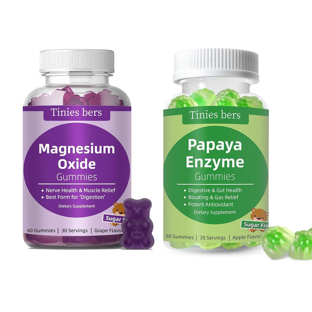 Tinies bers Papaya Enzyme Gummies og Magnesium Oxide Gummies, fordøjelsessygdomme for voksne & børn, Vegan, Sukker fri, Non- GMO, Pectin