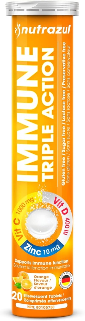 nutrazul Immune Triple Action Effervescent Tablet -1000 mg Vitamin C, Vitamin D, Zinc I Orange 20's I Gluten Free, Sugar Free, Lactose Free & Preservative Free I Maintains Immune Function