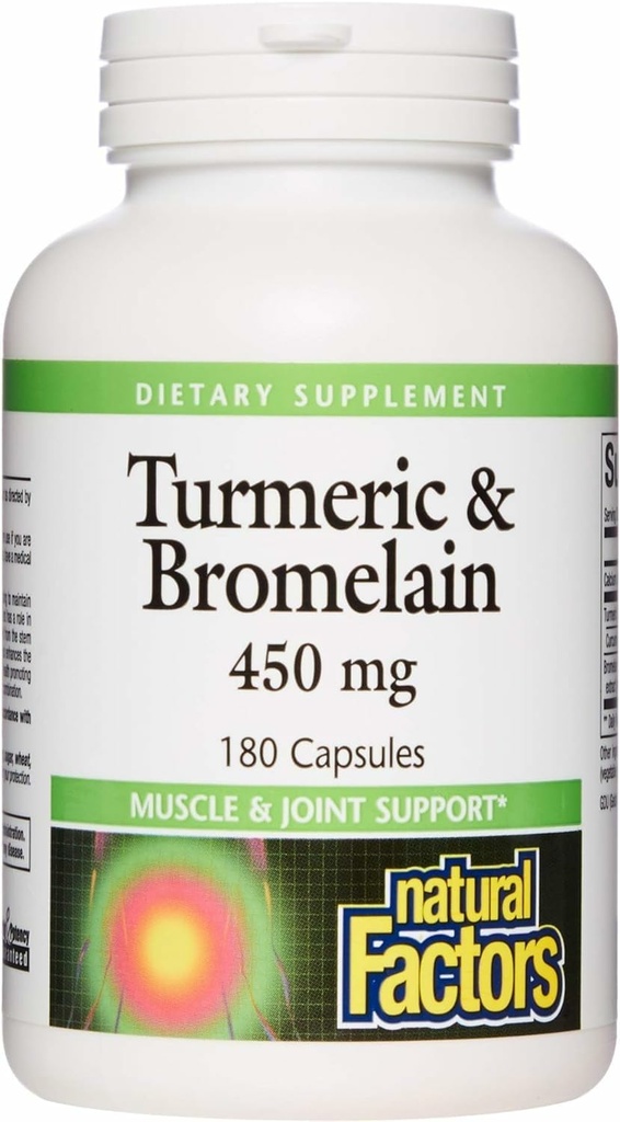 Naturlige faktorer, gurkemeje & bromelain 450 mg, muskel og ledstøtte, 180 kapsler