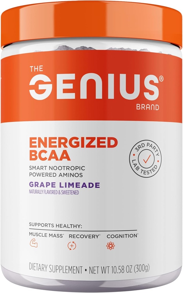 Genius BCAA Powder - 5g Vegan BCAAs L- Glutamin, Cognizin & Rhodiola Muscle Recovery Energy Support 100mg Coffein Pre, Intra, Post- Workout Nootrop Supplement for Focus & Performance - Grape Limeade