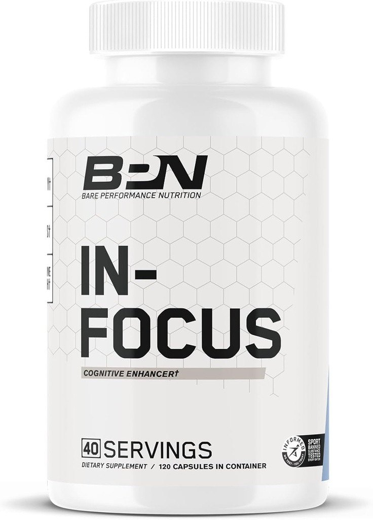 BARE PRÆSTATION NUTRITION BPN in- Focus Brain Supplement for Memory & Focus Coffein Pills, 1g L Tyrosine per Serving + Alpha GPC, 40 Servere, Gluten Free + Vegan