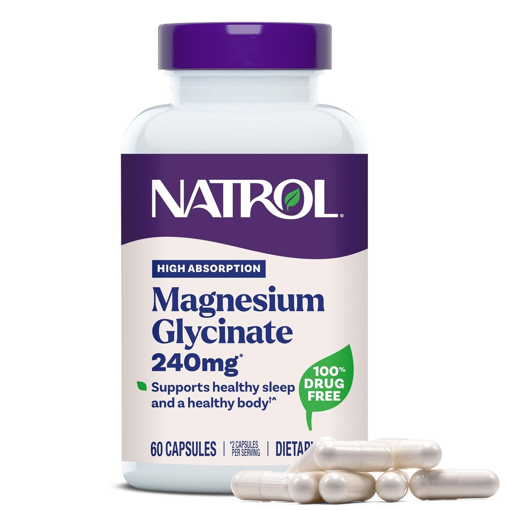 Natrol Magnesium Glycinat Kosttilskud 240 mg - Høj Absorption - Rolig Magnesium Glycinat til søvn - 60 kapsler, 30 dages forsyning