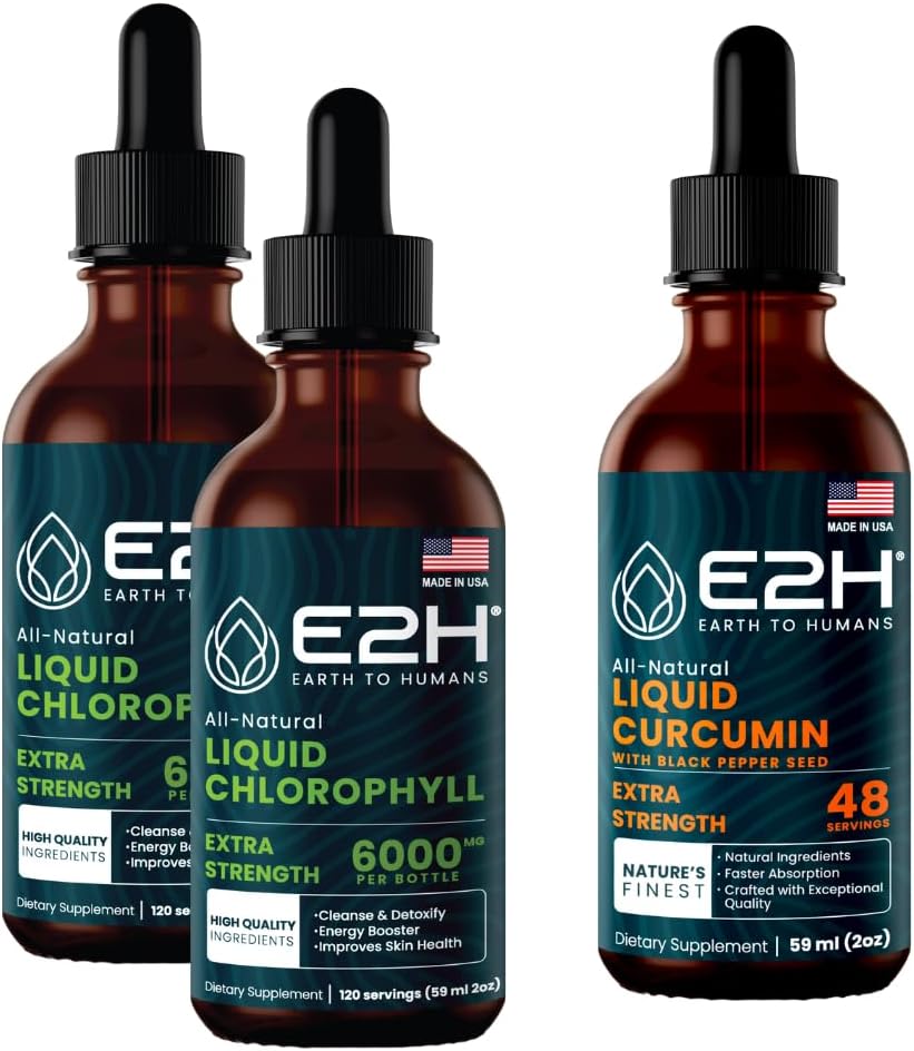 E2H: Chlorophyll flydende dråber (2 Pack - 4 Fl Oz) og flydende gurkemeje (enkelt flaske - 2 Fl Oz)
