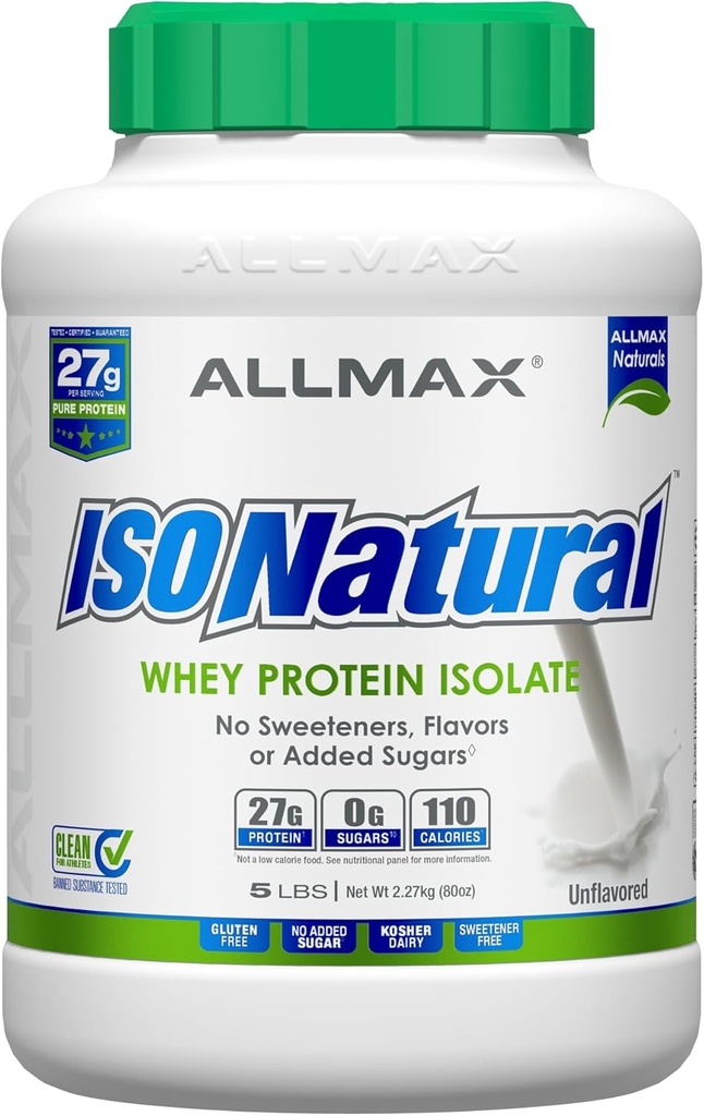 ALLMAX ISONATURAL Whey Protein Isolate, Unflavored - 5 LB - 27 Gram Protein Per Scoop - Zero Fat & Sugar - 99% Lactose Free - med Prebiotics - Ingen kunstige Flavors - Ca. 78 Servering